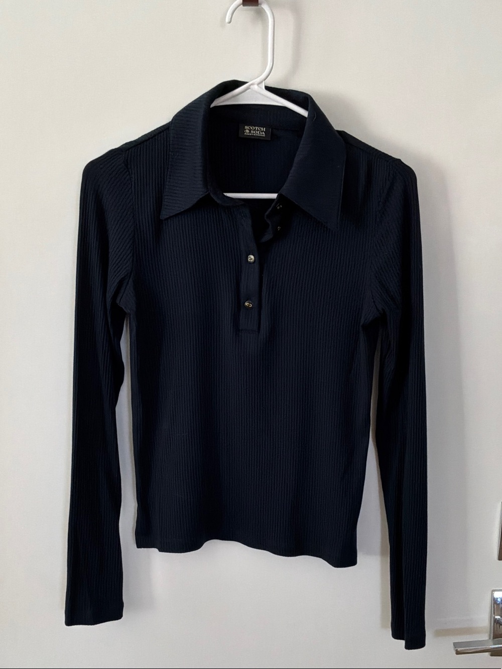 Scotch & Soda Navy Ribbed Long-Sleeve Polo